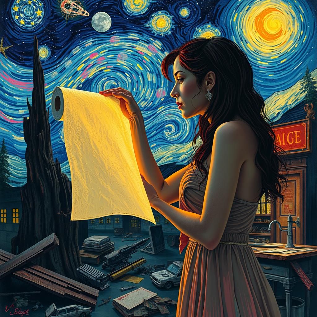 Surreal Starry Night Dreamscape with Glowing Paper Towels