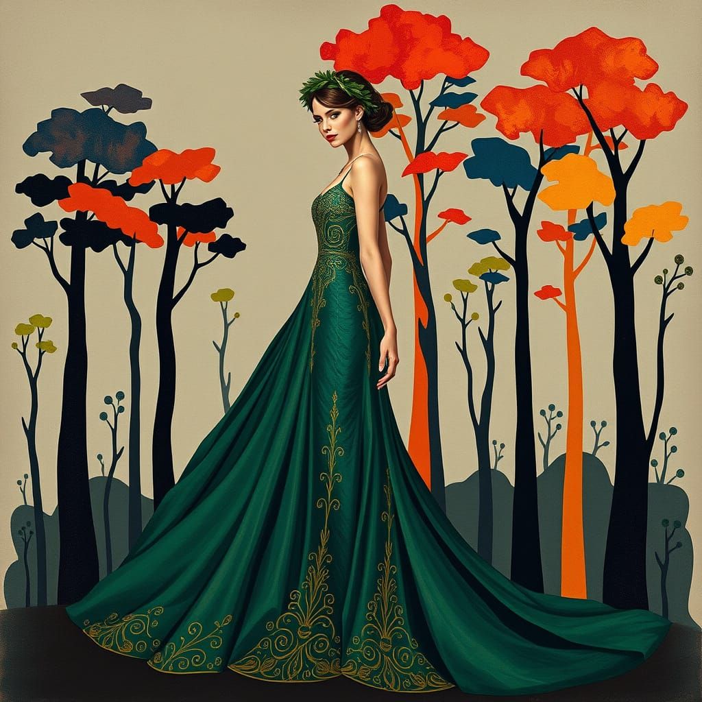 Emerald Goddess Amidst Abstract Forest