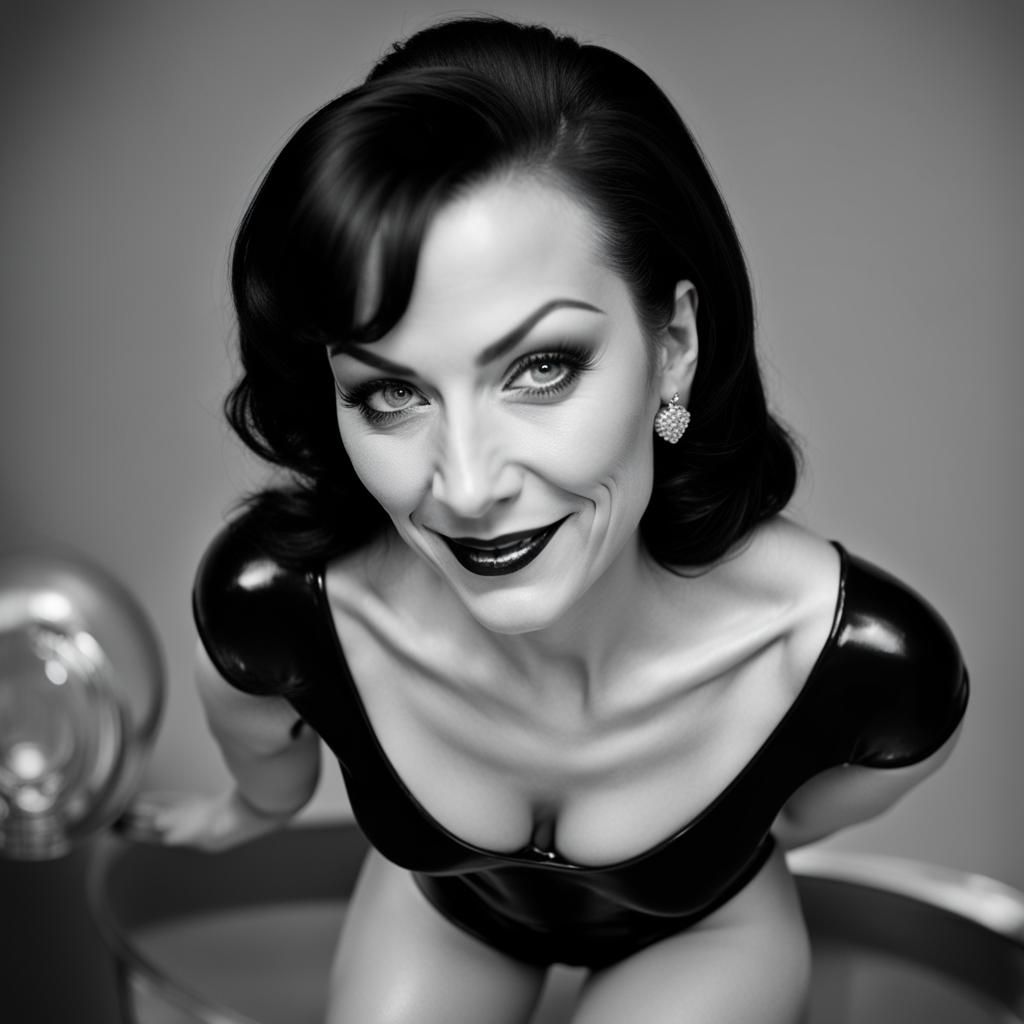 Smiling Pin-Up Model in Red Latex, Candlelight, 8K