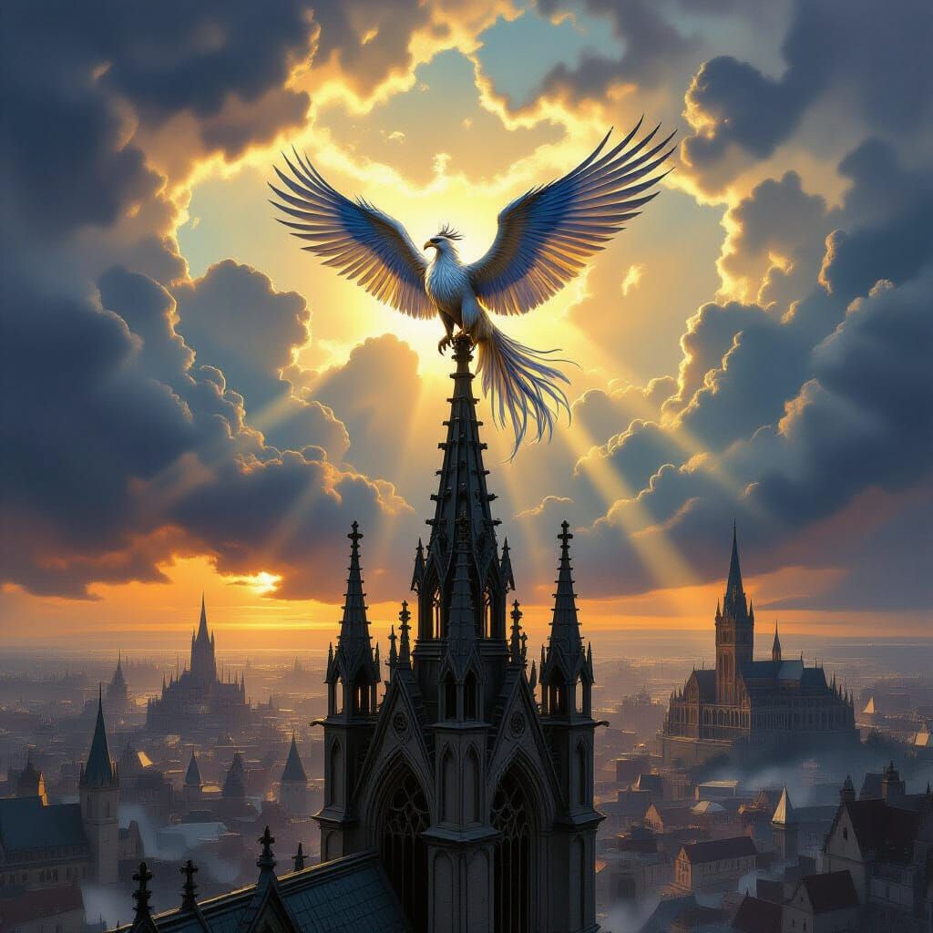 Griffin on Gothic Spire Amidst Storm