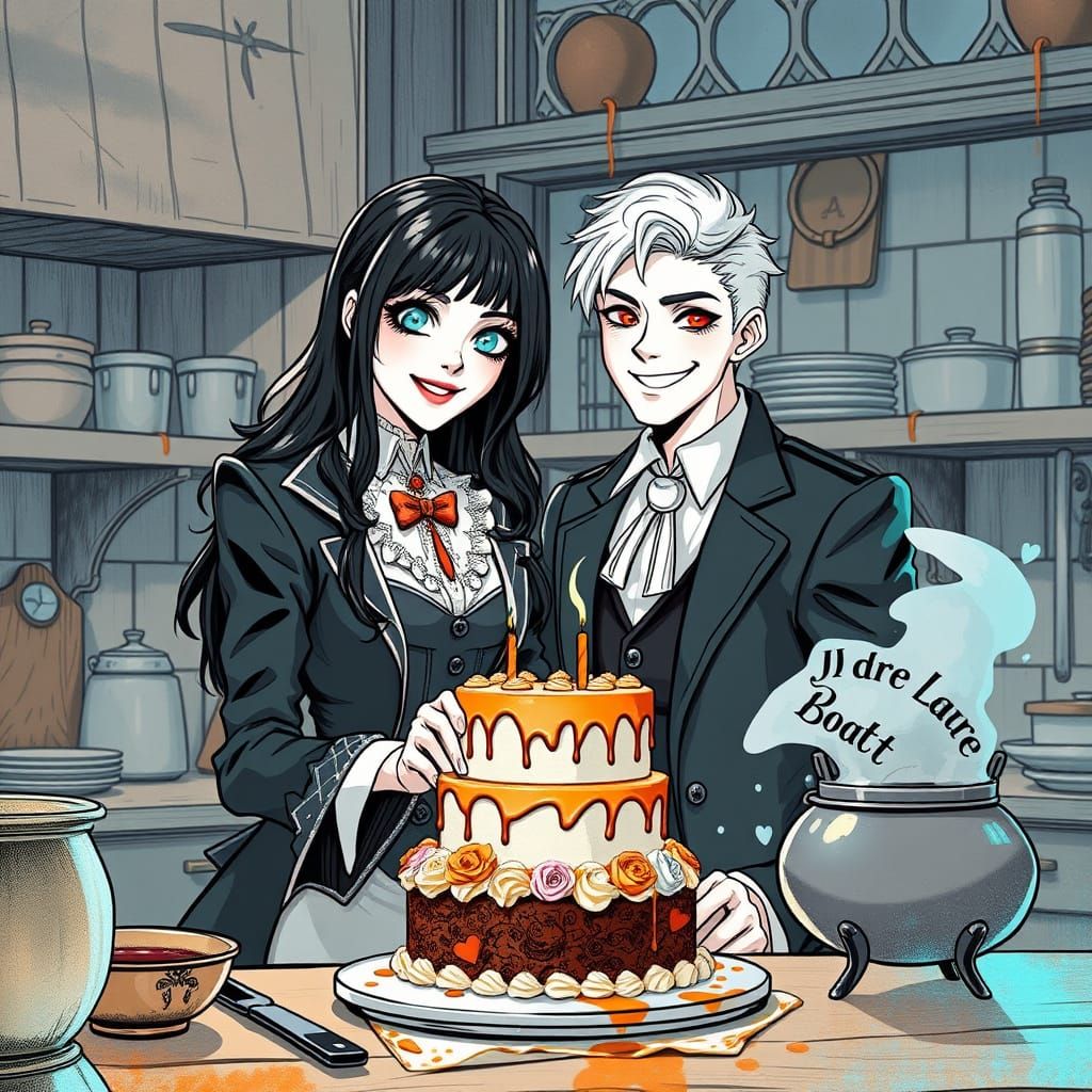 Gothic Love in the Kitchen: A Whimsical Black and White Scen...