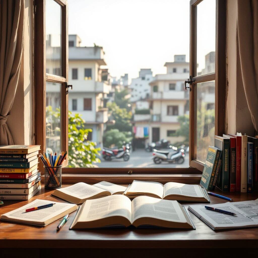 Realistic Wooden Desk with Hindi Textbooks