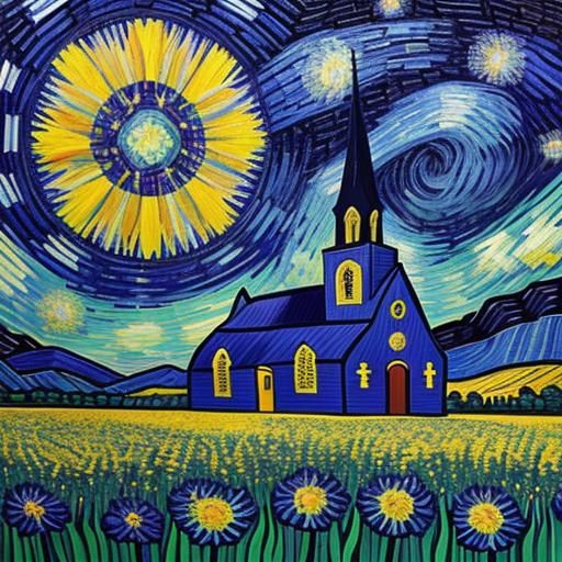 Church in Starry Field: Van Gogh-Inspired Abstract Art