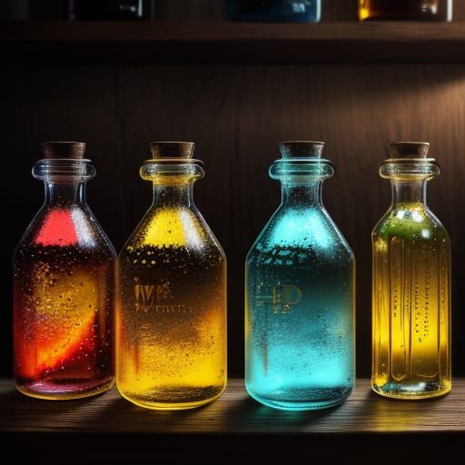 Vibrant Potions on a Wooden Shelf in Hyperrealistic Detail