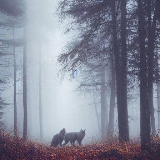 Wolves in a Dark Misty Forest