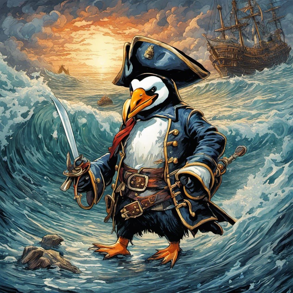 Pirate Penguins Seascape in Gouache Style