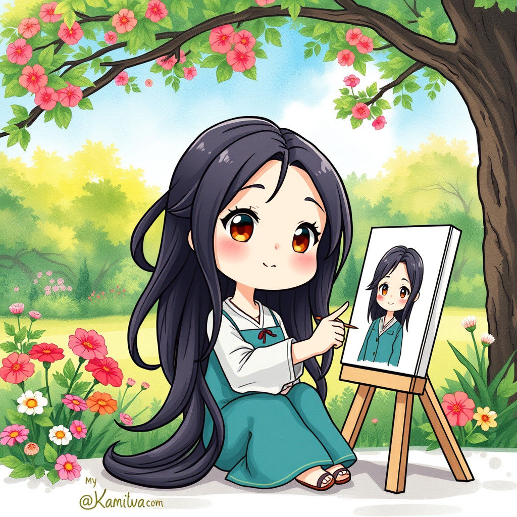 Chibi Woman Painting in Park: Kawaii Manga Style