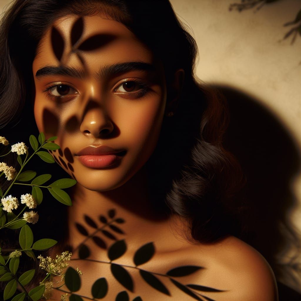 Golden Portrait of Woman with Flowers