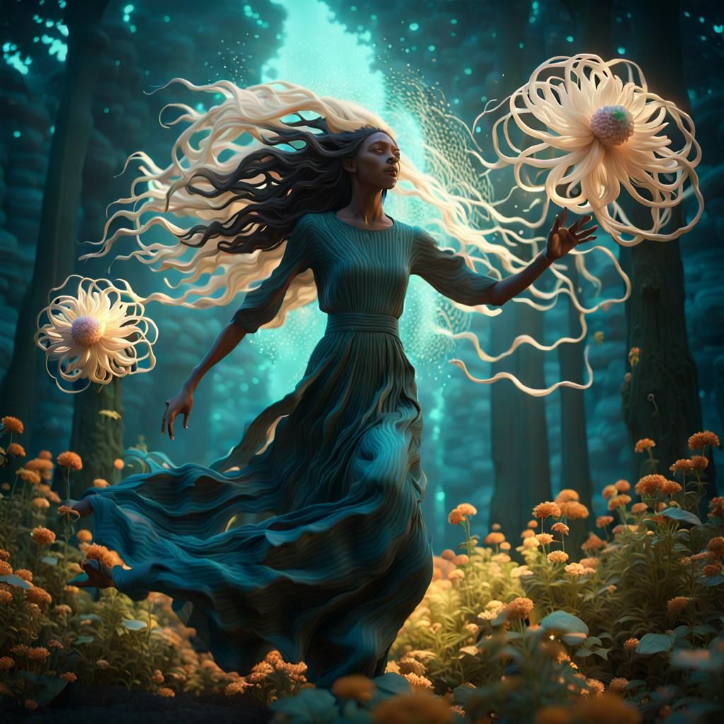 Woman Leaping with Flower in Ethereal Forest