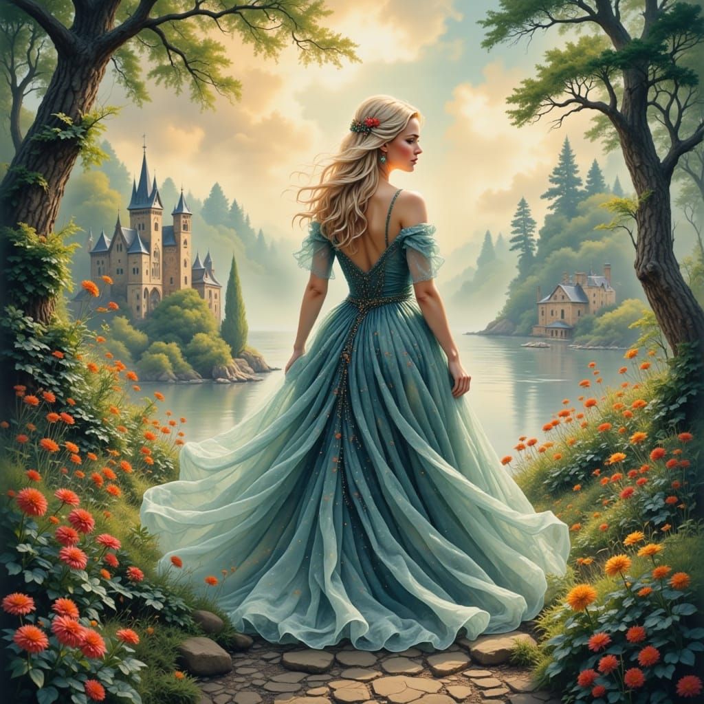 Enchanted Watercolor Witch in a Dreamlike Garden