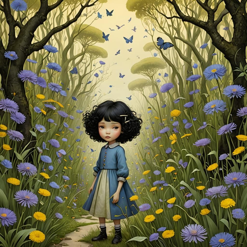 Miniature Girl's Journey Through a Surreal Garden