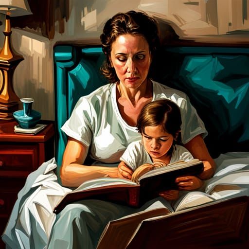 /Imagine a mother sitting on a bed A mother sitting on a bed reading a book to her daughter ....  a book to her daughter...