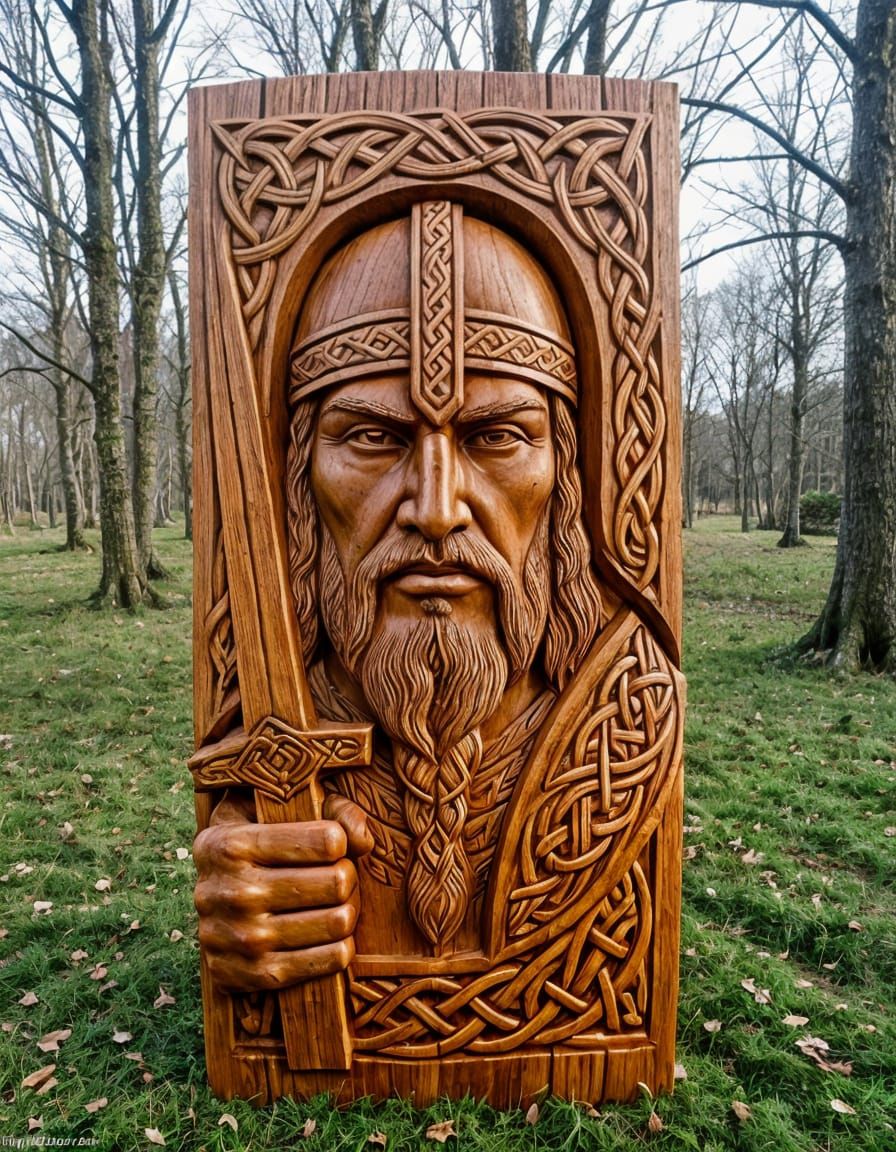 Intricate Wood Carving of Celtic Warrior