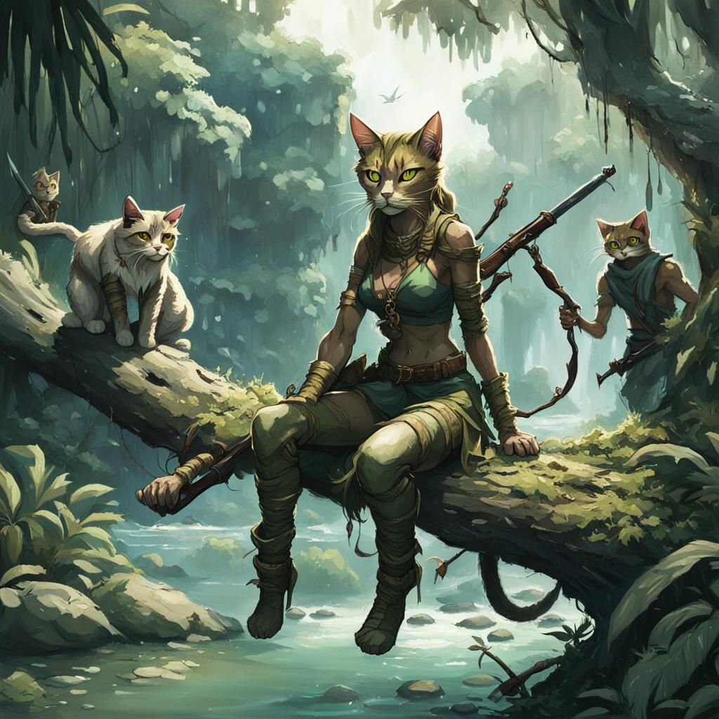 Anthro Cat Girl Watching Armed Men in Jungle