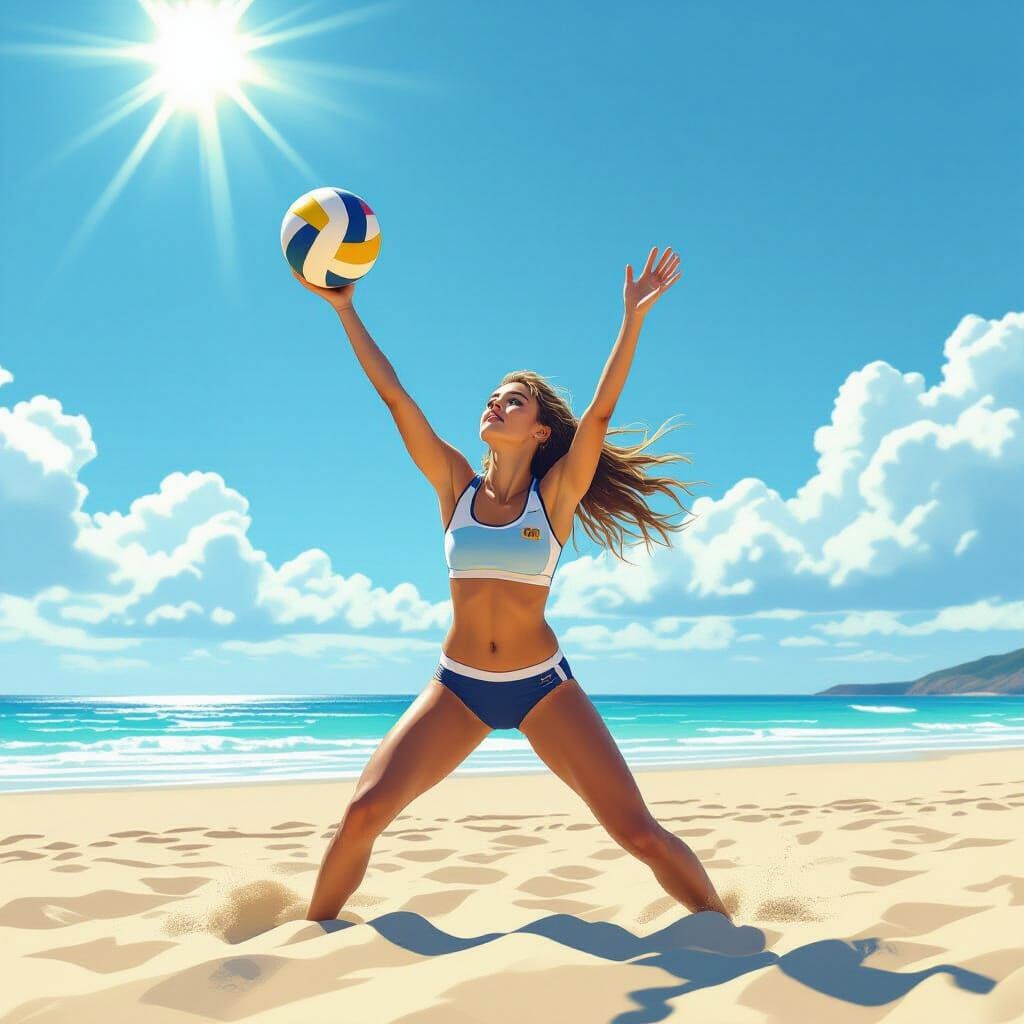 Young Woman Playing Beach Volleyball in Cinematic Lighting