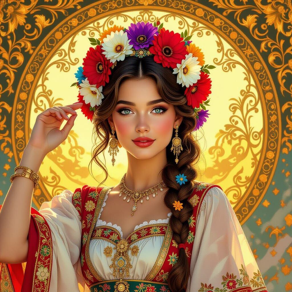 Woman in Floral Headdress with Gold Splatter Background