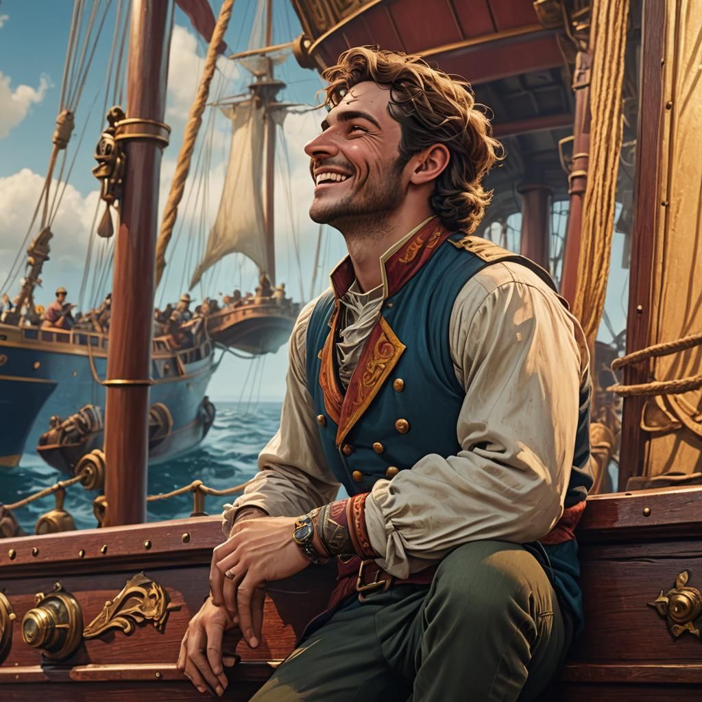 Joyful 19th Century Man on Ship Illustration