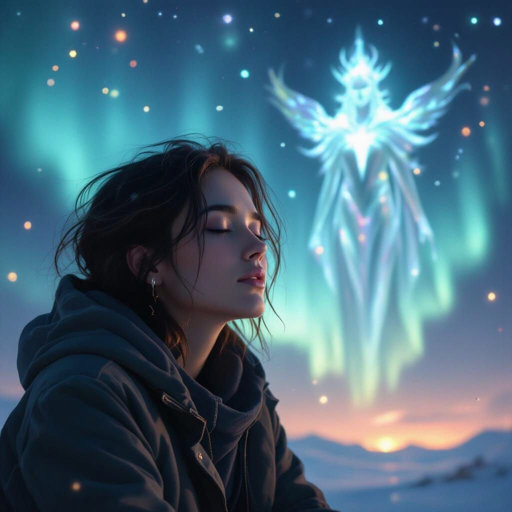 Dreamy Figure Contemplating the Aurora: A Digital Art Piece