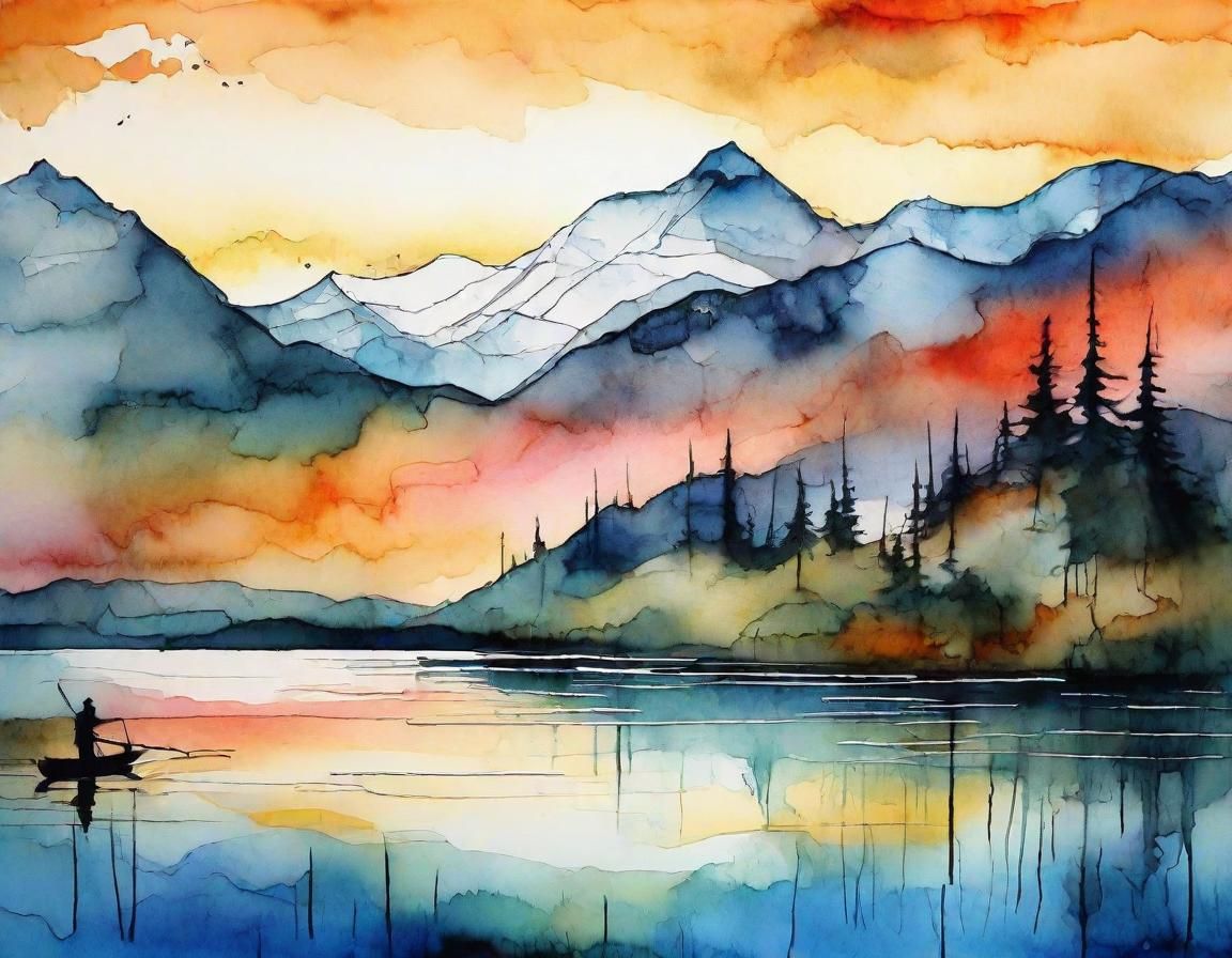 Mountain Lake Dawn: Whimsical Abstract Illustration