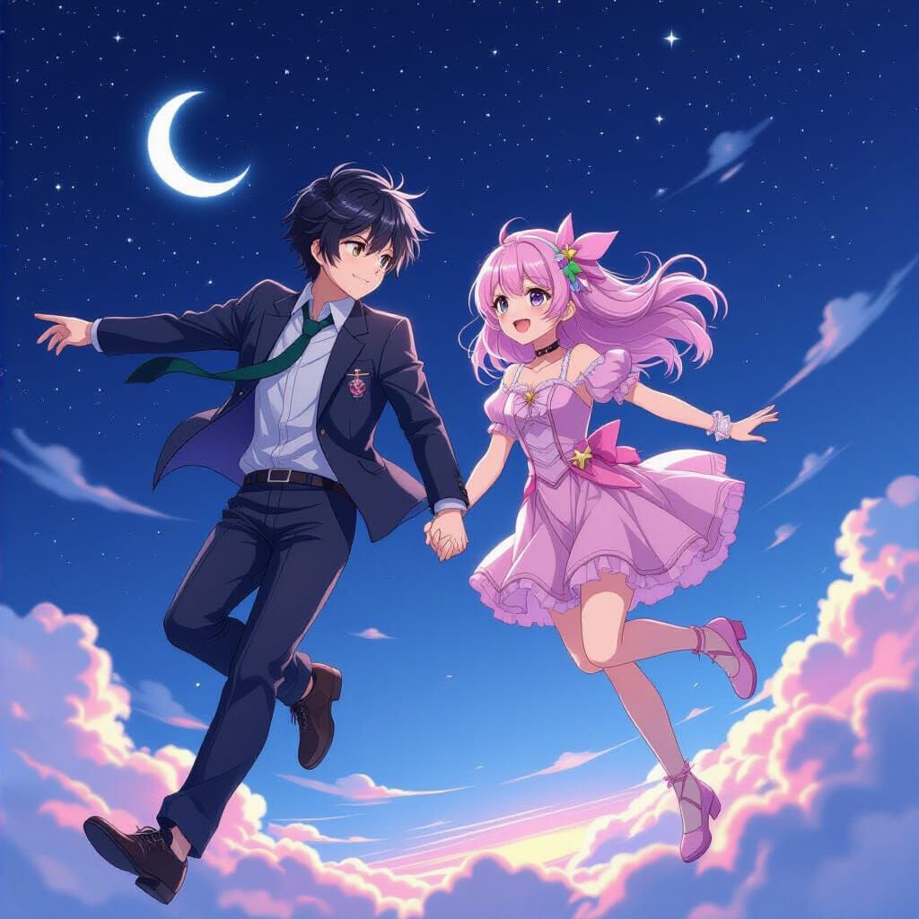 Anime Couple Flying in Starry Night Sky