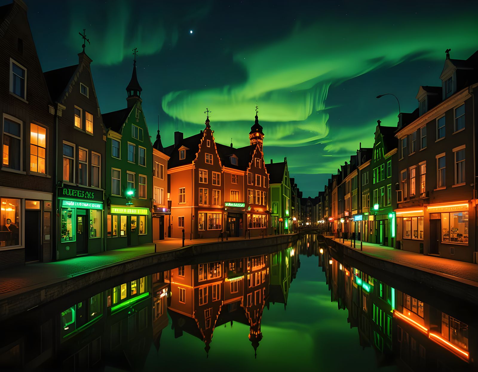 Surreal Duch Village With Polar Lights