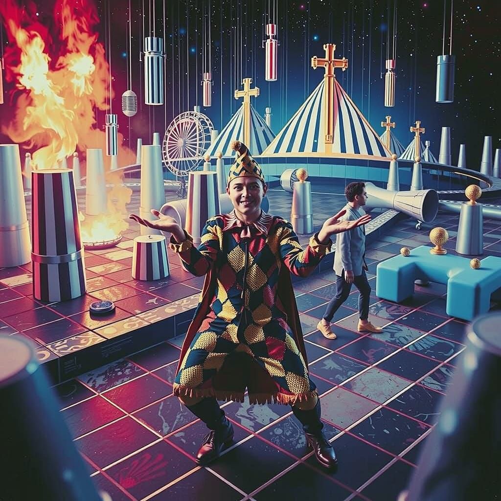 Harlequin Figure in Hypnotic Geometric Maze