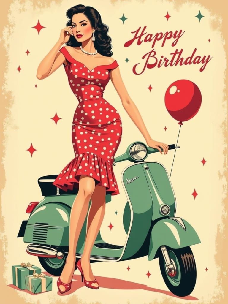 Vintage Pin-Up Girl with Vespa in Whimsical Japanese Landsca...