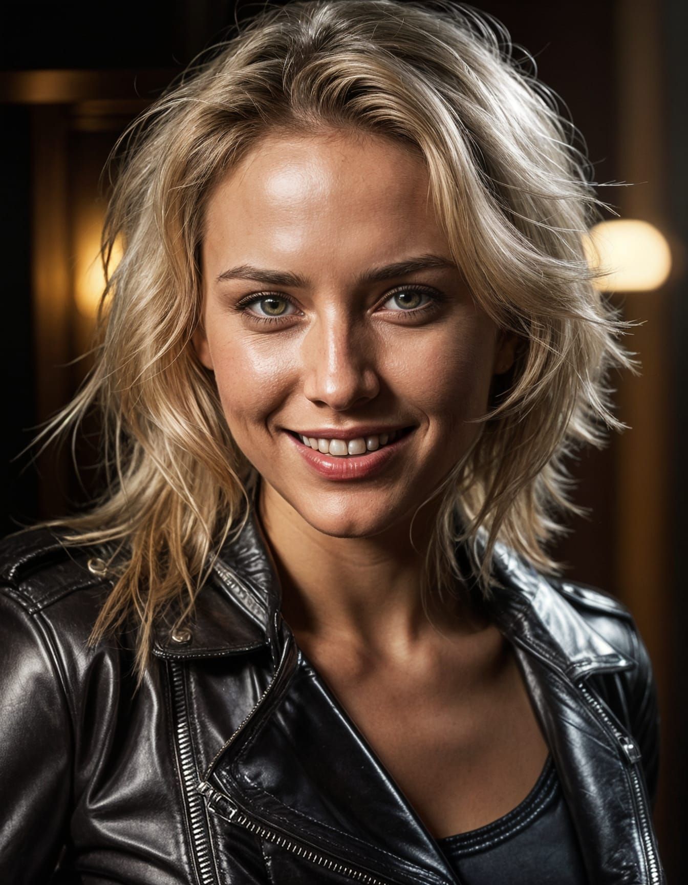 Blond Woman Unzipping Leather Jacket Close-Up