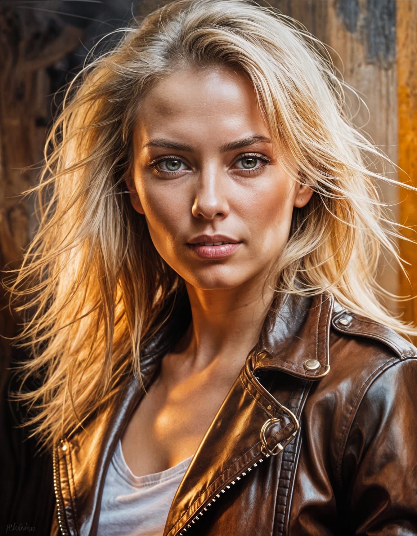Confident Woman Unzipping Leather Jacket