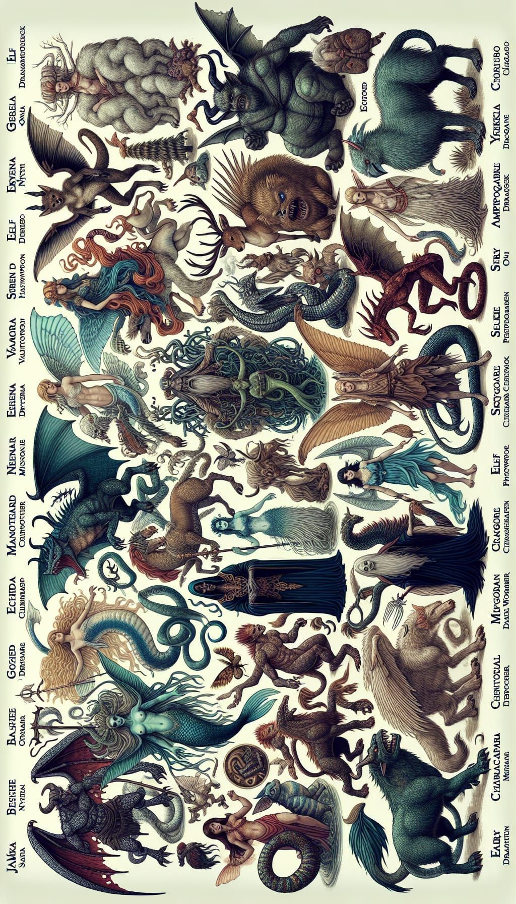 Mythological Creatures Illustrated Poster in Vibrant Style