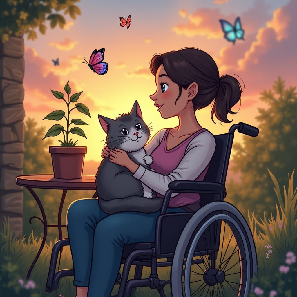 Woman and Cat Enjoying Sunset, Chibi Style