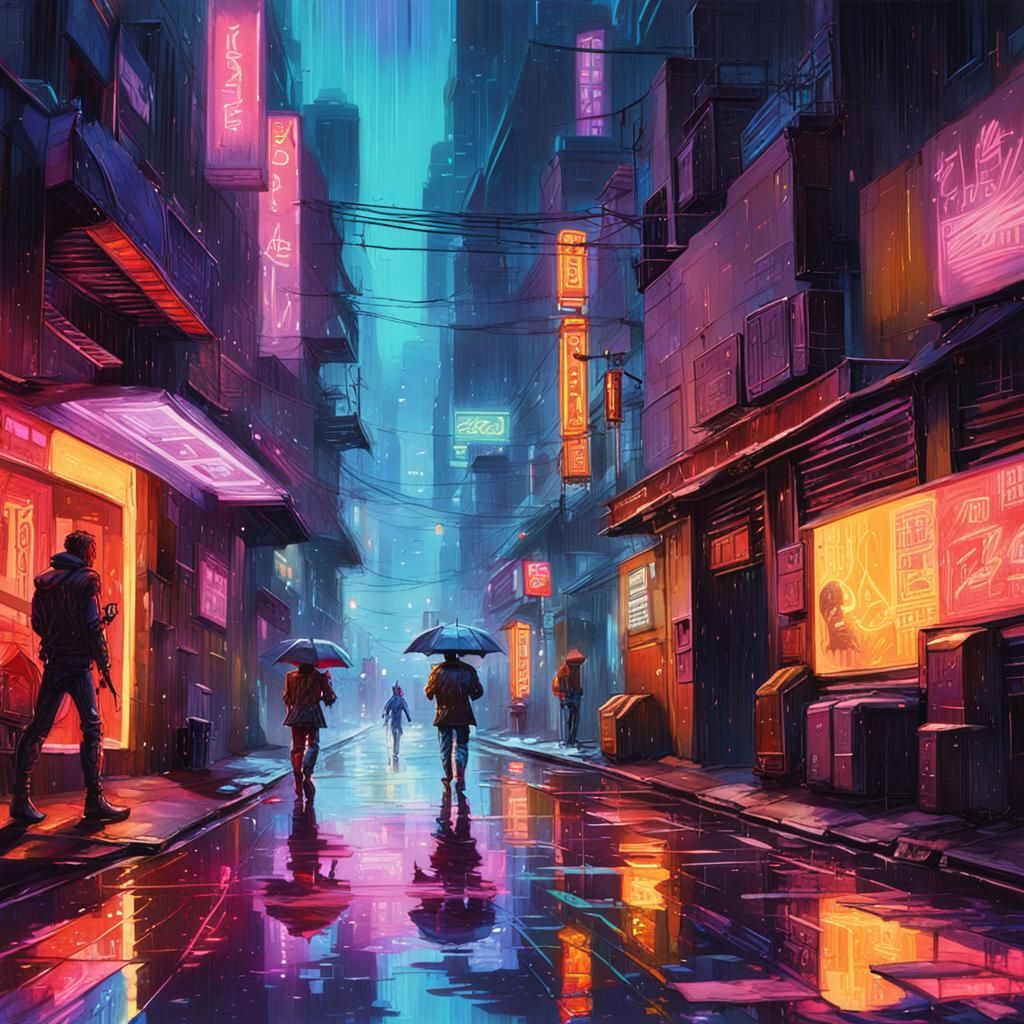 Neon Cyberpunk Street Fight in the Rain