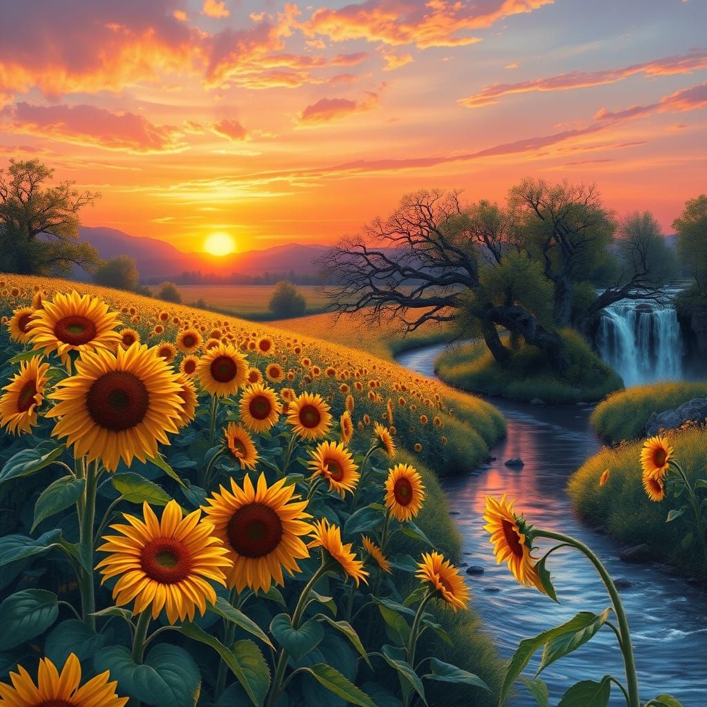 Sunset Sunflower Fields in Vibrant Color
