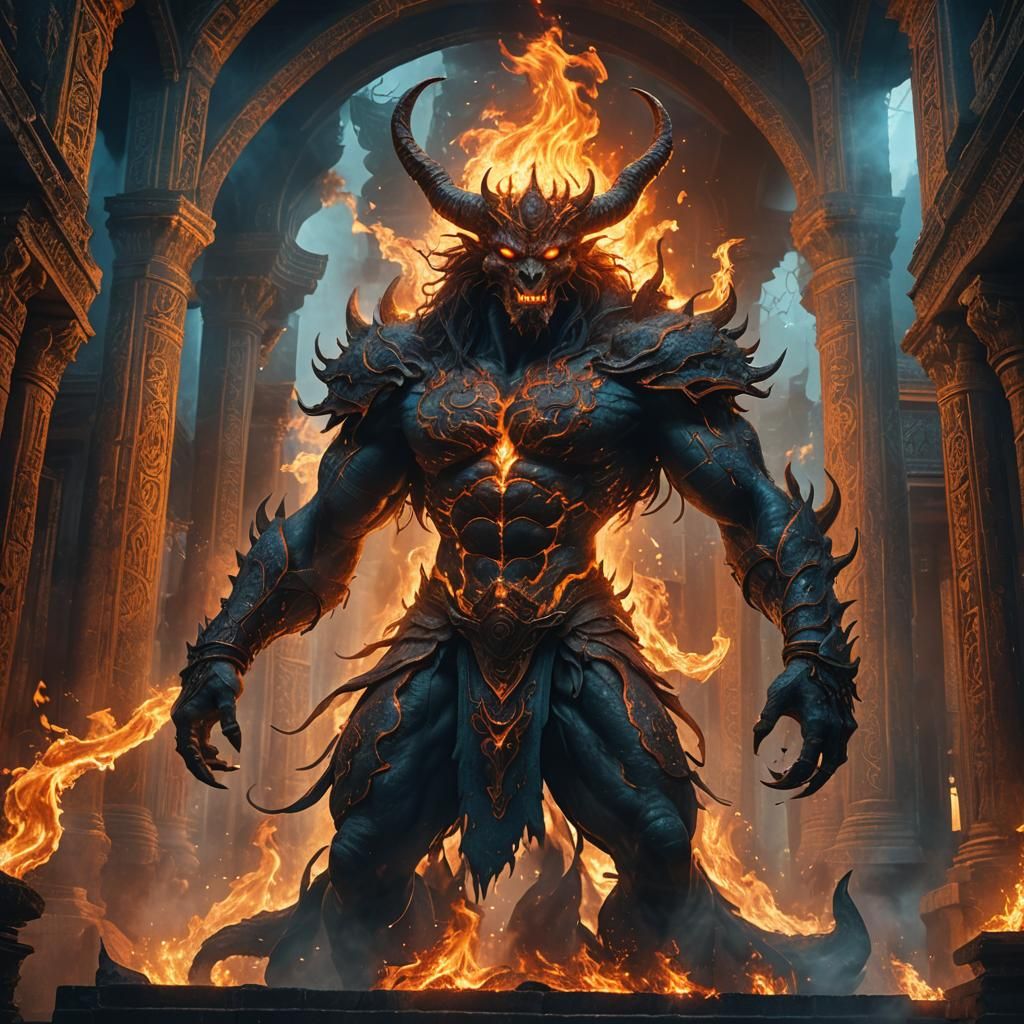 Fire Demon in Ancient Temple: Digital Matte Painting