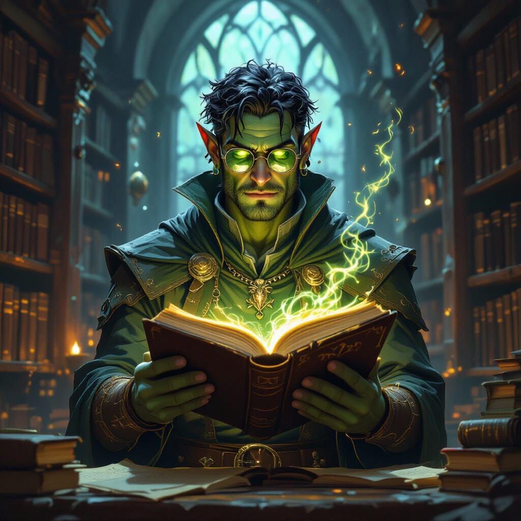 Green-Skinned Half-Orc Wizard in Ancient Library