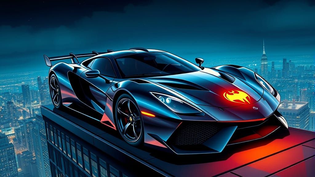 Superhero Supercar on Skyscraper, Comic Book Art