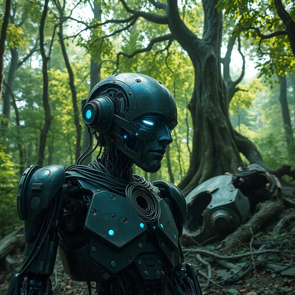 Android's Lament: Crying Robot in Green Forest