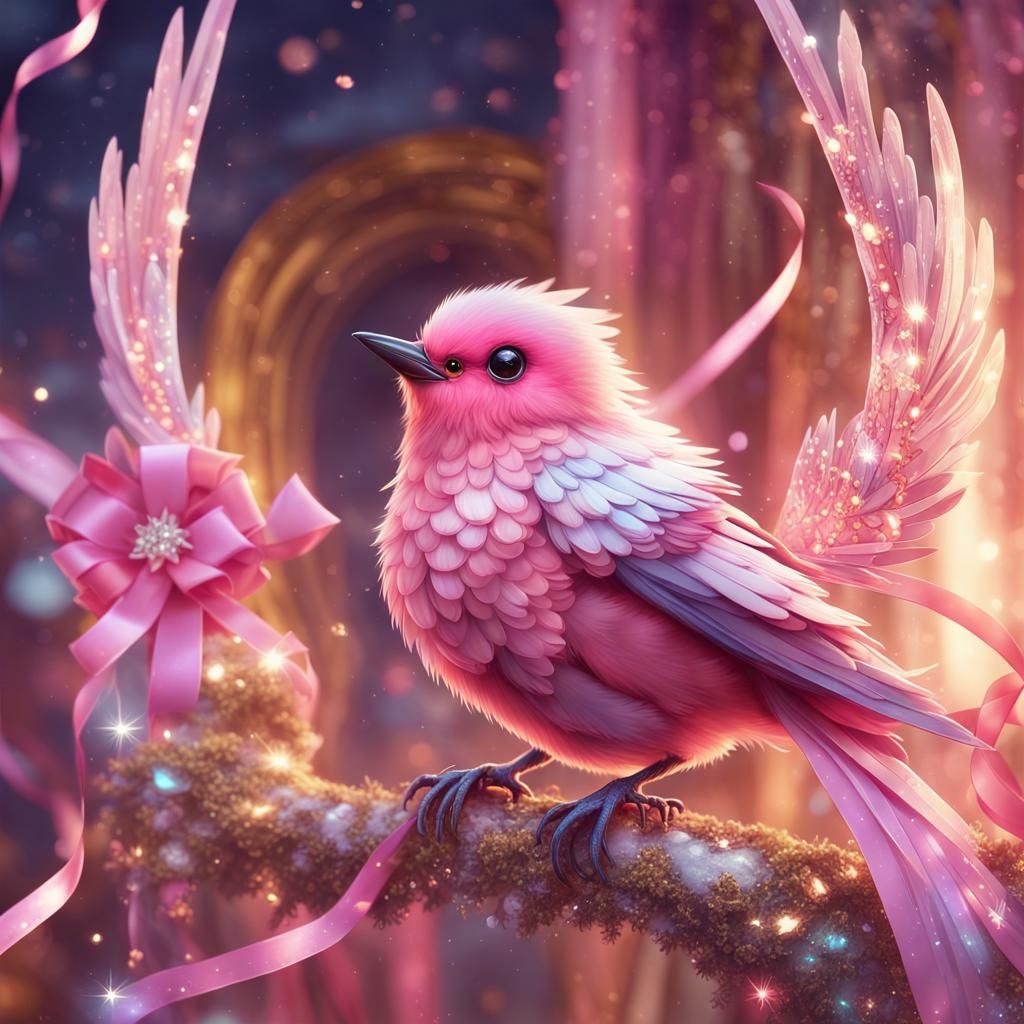 Glittering Pink Silk Bird: Anime Art Style