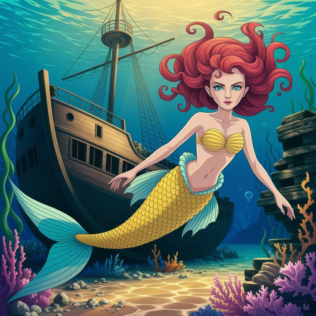 Mermaid Swims Towards Sunken Ship in Studio Ghibli-Inspired ...