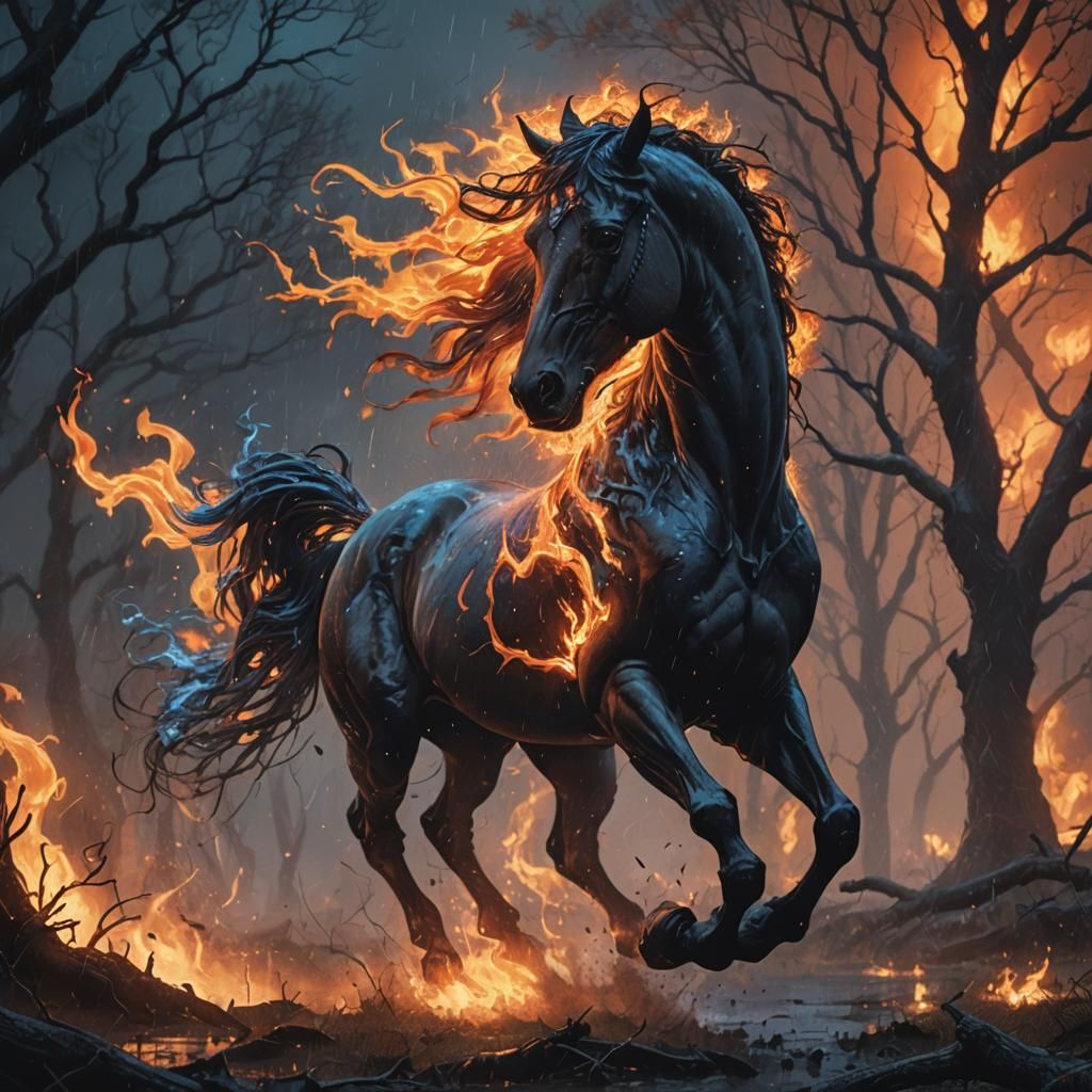 Fiery Horse Gallops Through Rainy Landscape