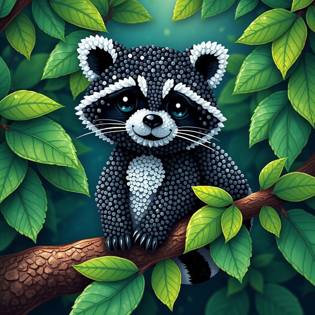 Gem Raccoon on Branch in Pointillism Style