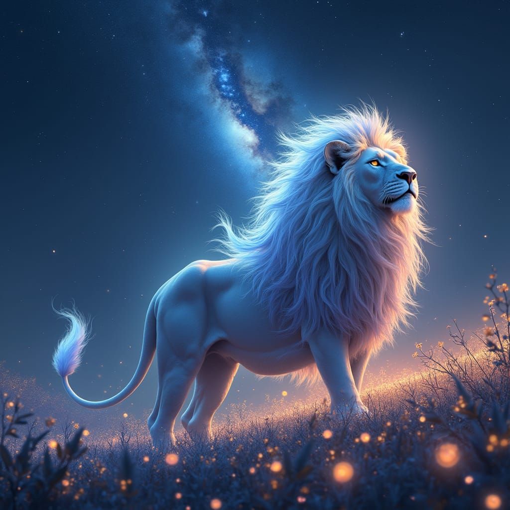 Majestic Lion in Ethereal Landscape with Bioluminescent Flor...