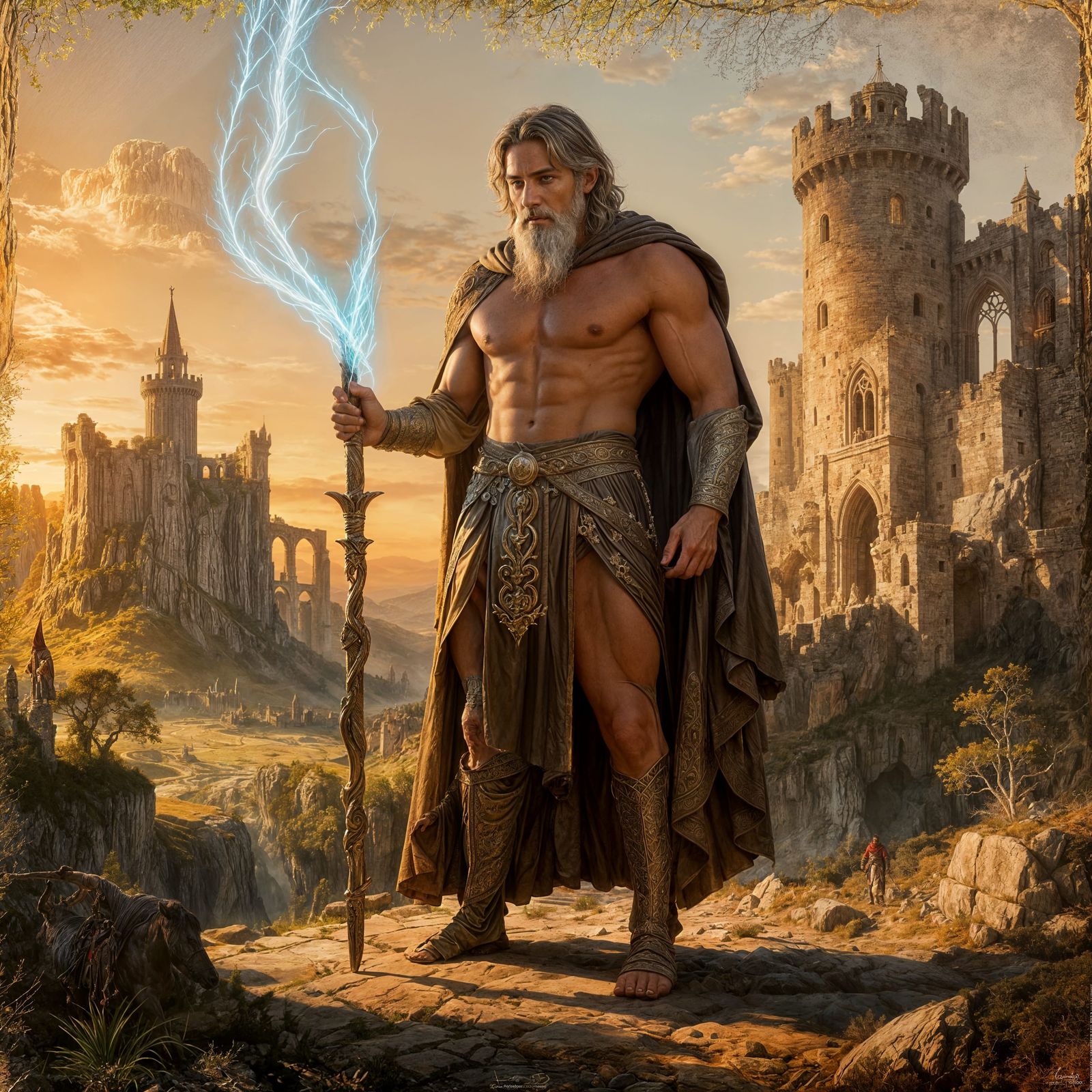 Muscular 5th Century Merlin in Dramatic Fantasy Landscape