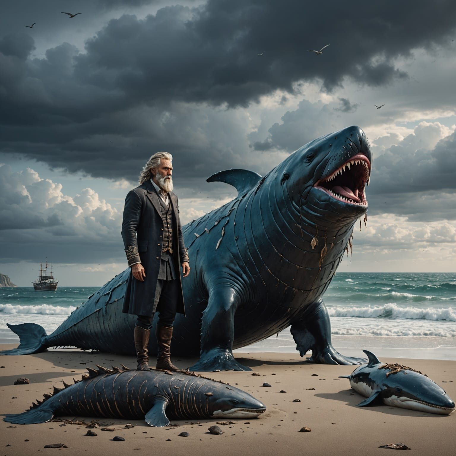 Zeus Mourns a Fallen Mink Whale on a Stormy Beach