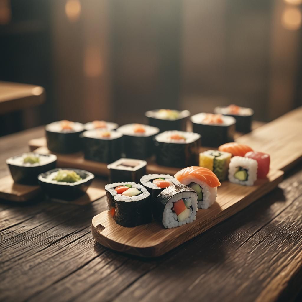 Cinematic Sushi Still Life in Warm Golden Tones