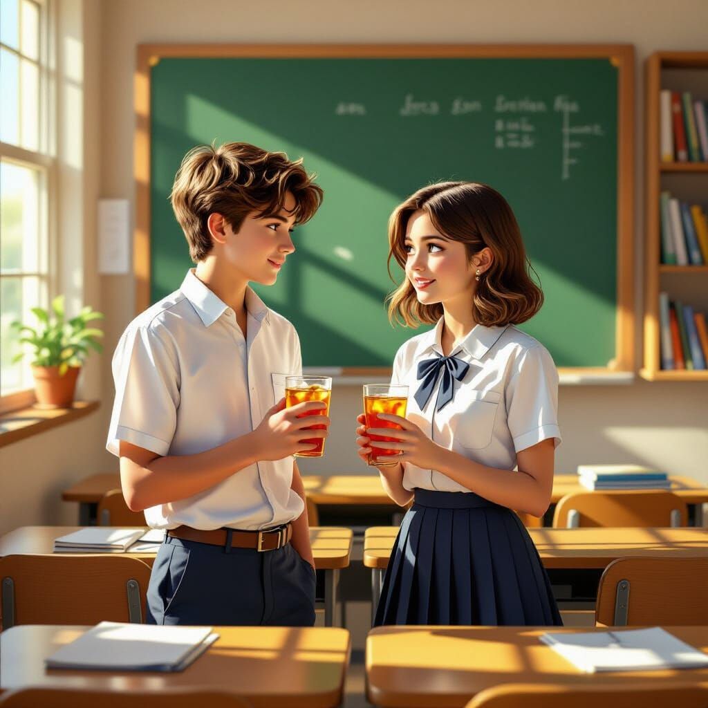 Teenage Duo in Sunlit Classroom, Nostalgic Matte Painting