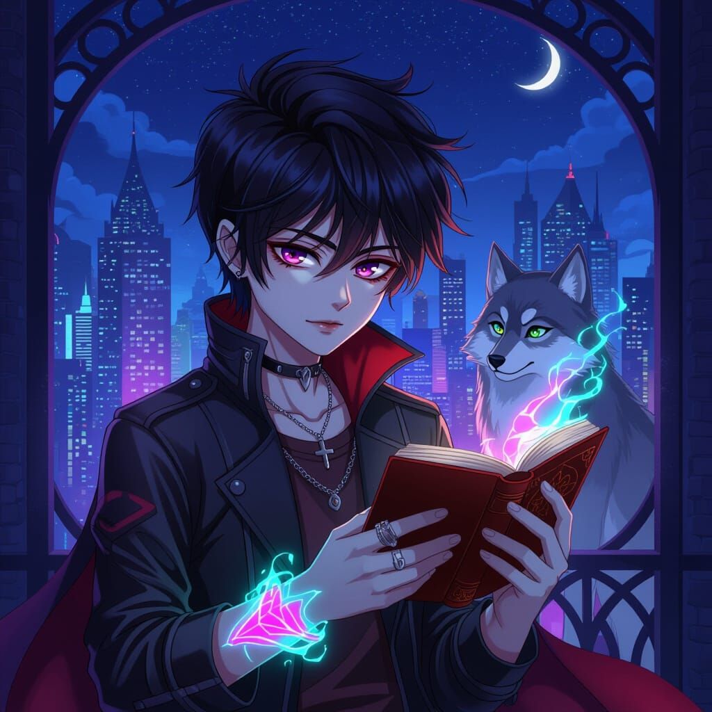 Vampire Boy Reads in City Night, Anime Style