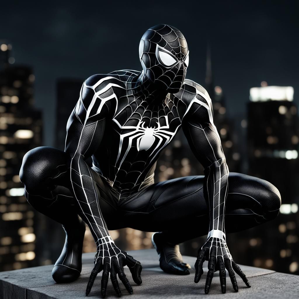 Night Watch: Realistic Black Spider-Man on Skyscraper