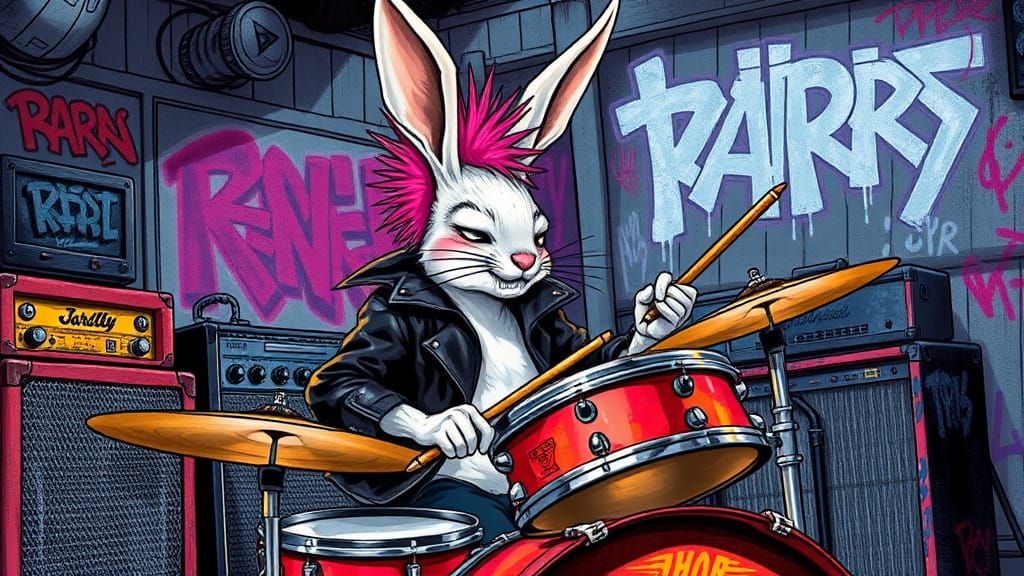 Rabbit Punk Rocker Plays Drums in Hewlett Style