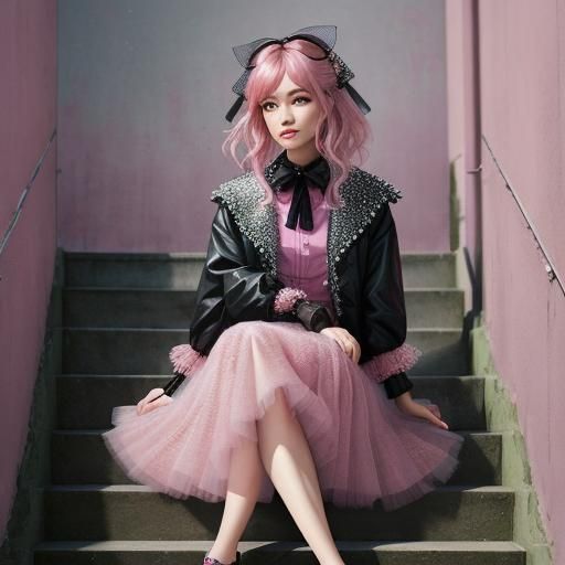 woman sitting on some stairs wearing a short Chanel jacket and a long skirt made of several layers of pink tulle that ar...